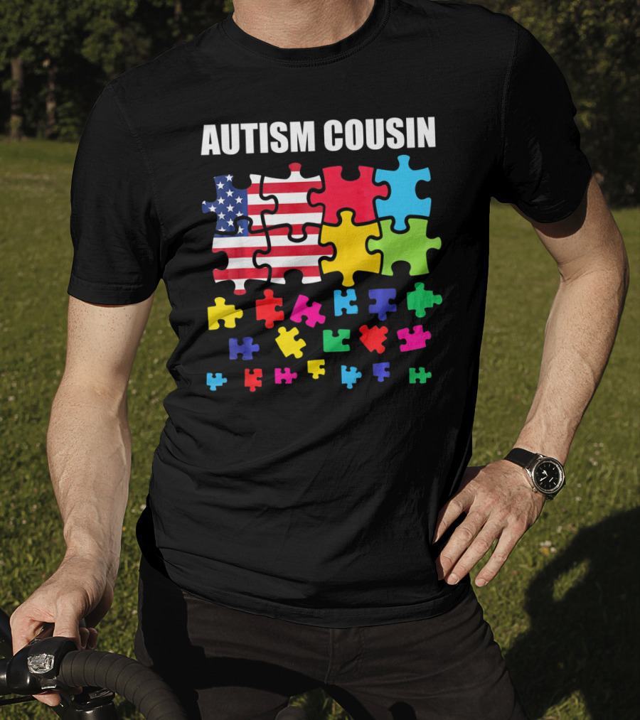 Autism Cousin Puzzle Pieces USA Flag Autism Awareness T-Shirt