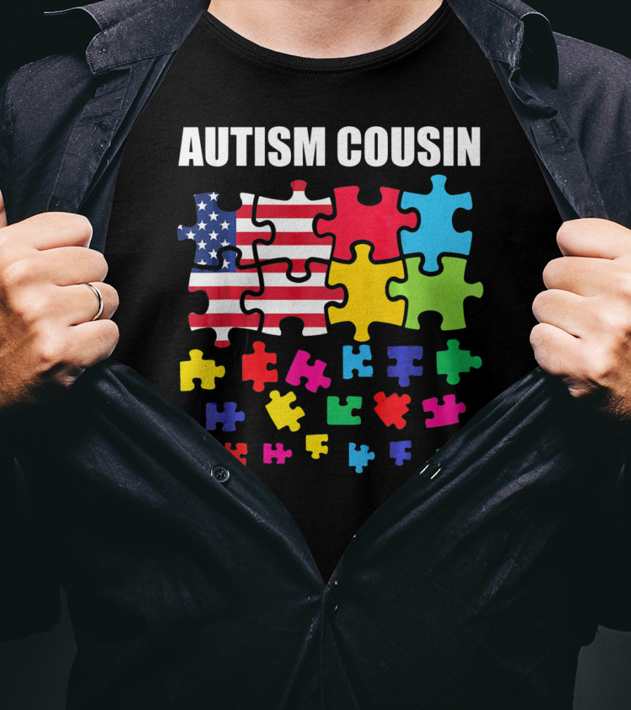 Autism Cousin Puzzle Pieces USA Flag Autism Awareness T-Shirt