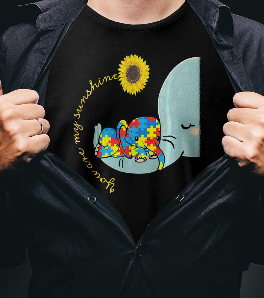 You Are My Sunshine Autism Awareness Elephant Puzzle Sunflower T-Shirt