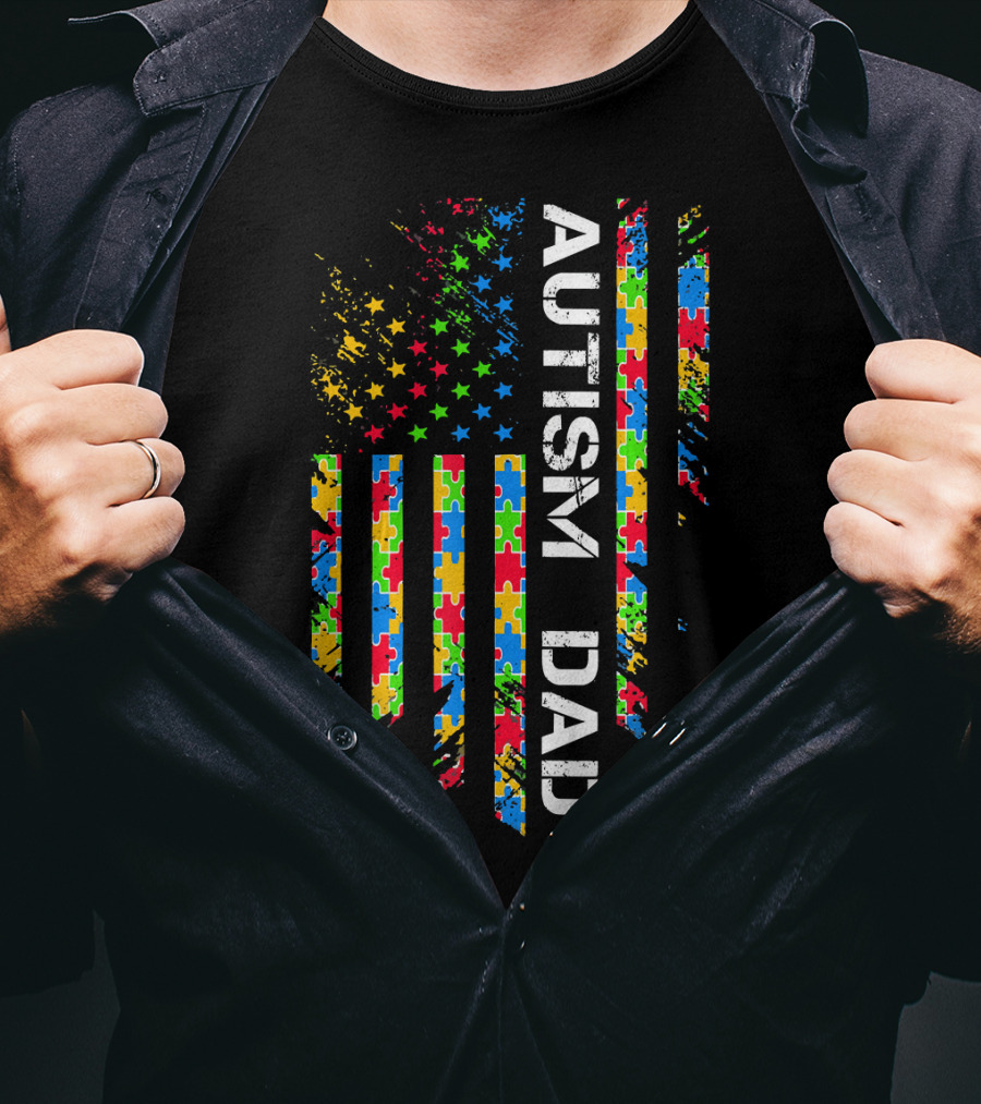 Autism Dad Puzzle Piece Flag USA Awareness T-Shirt