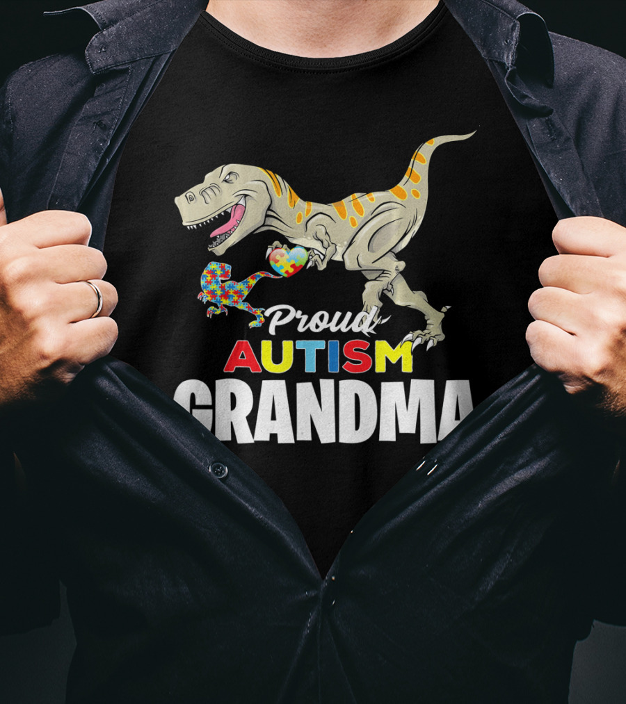 Proud Autism Grandma Dinosaur Puzzle Pattern Rex T-Shirt