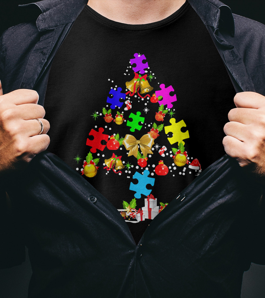 Autism Awareness Christmas Tree Puzzle Piece Ornament Festive Holiday T-Shirt