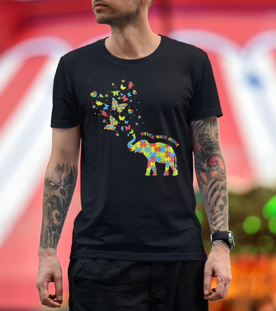 Elephants And Butterflies Autism Awareness Never Walk Alone T-Shirt