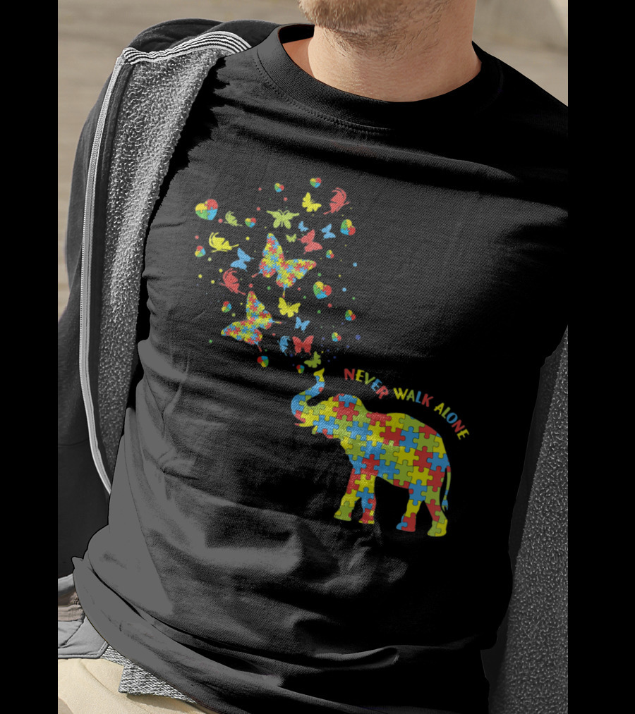 Elephants And Butterflies Autism Awareness Never Walk Alone T-Shirt