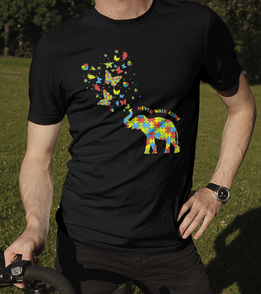 Elephants And Butterflies Autism Awareness Never Walk Alone T-Shirt