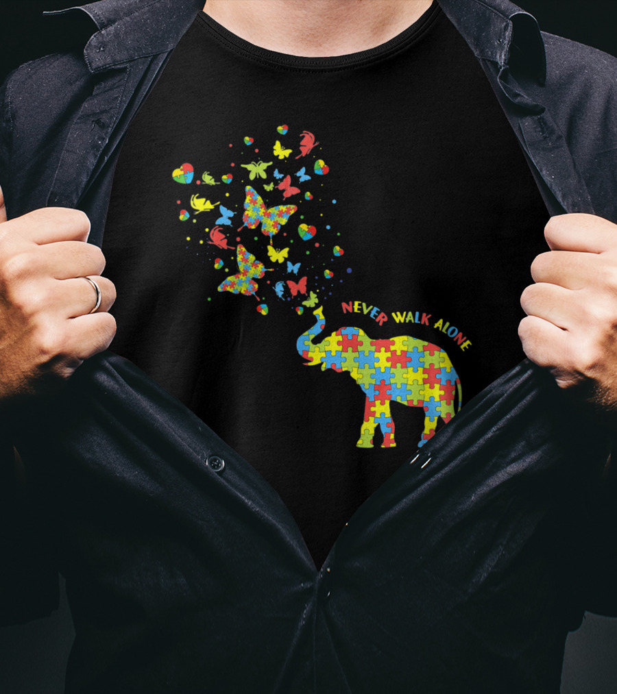 Elephants And Butterflies Autism Awareness Never Walk Alone T-Shirt