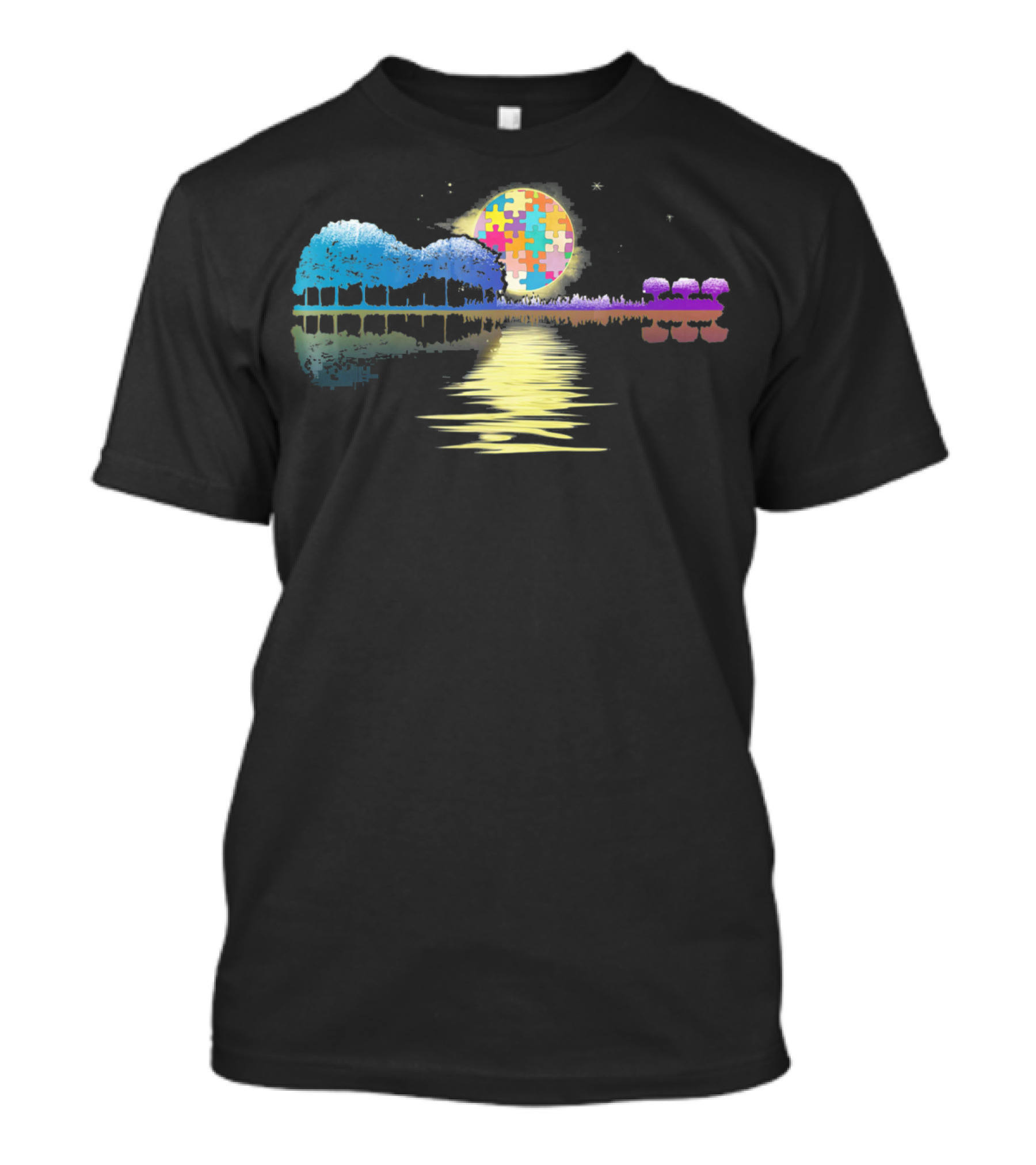 Guitar Lake Shadow Autism Puzzle Moon Reflection T-Shirt