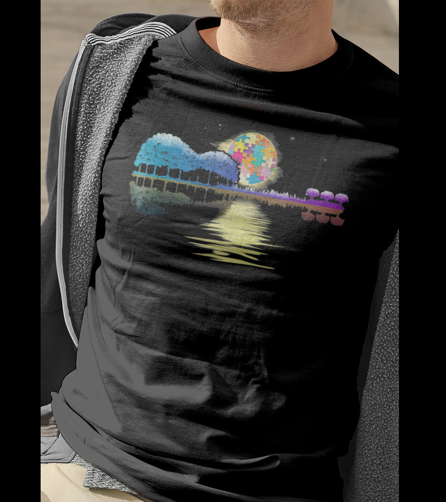 Guitar Lake Shadow Autism Puzzle Moon Reflection T-Shirt