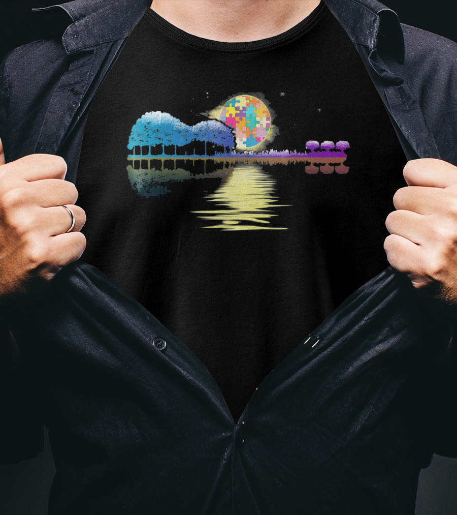 Guitar Lake Shadow Autism Puzzle Moon Reflection T-Shirt