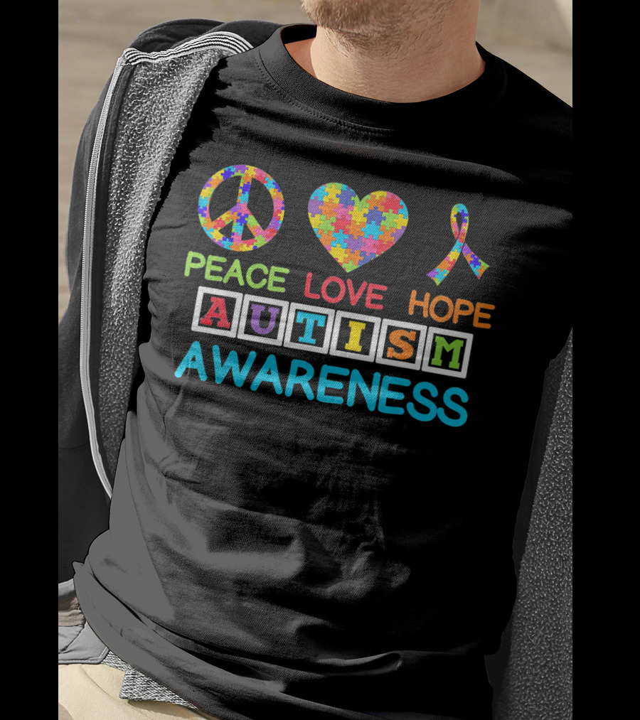 Autism Awareness Peace Love Hope Puzzle Ribbon Puzzle T-Shirt