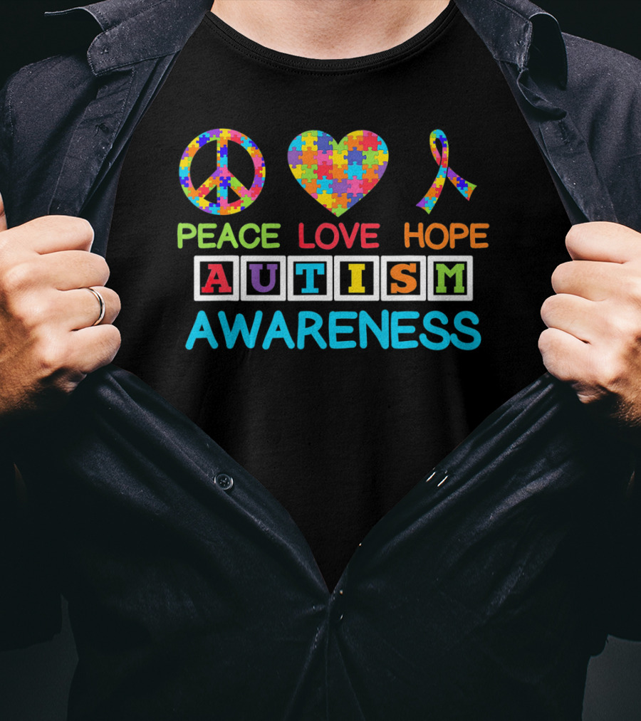 Autism Awareness Peace Love Hope Puzzle Ribbon Puzzle T-Shirt