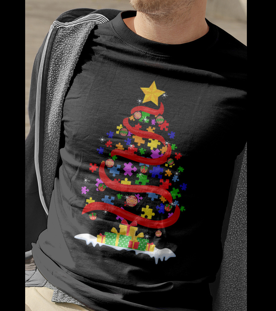 Xmas Puzzle Autism Christmas Tree With Star And Gifts T-Shirt