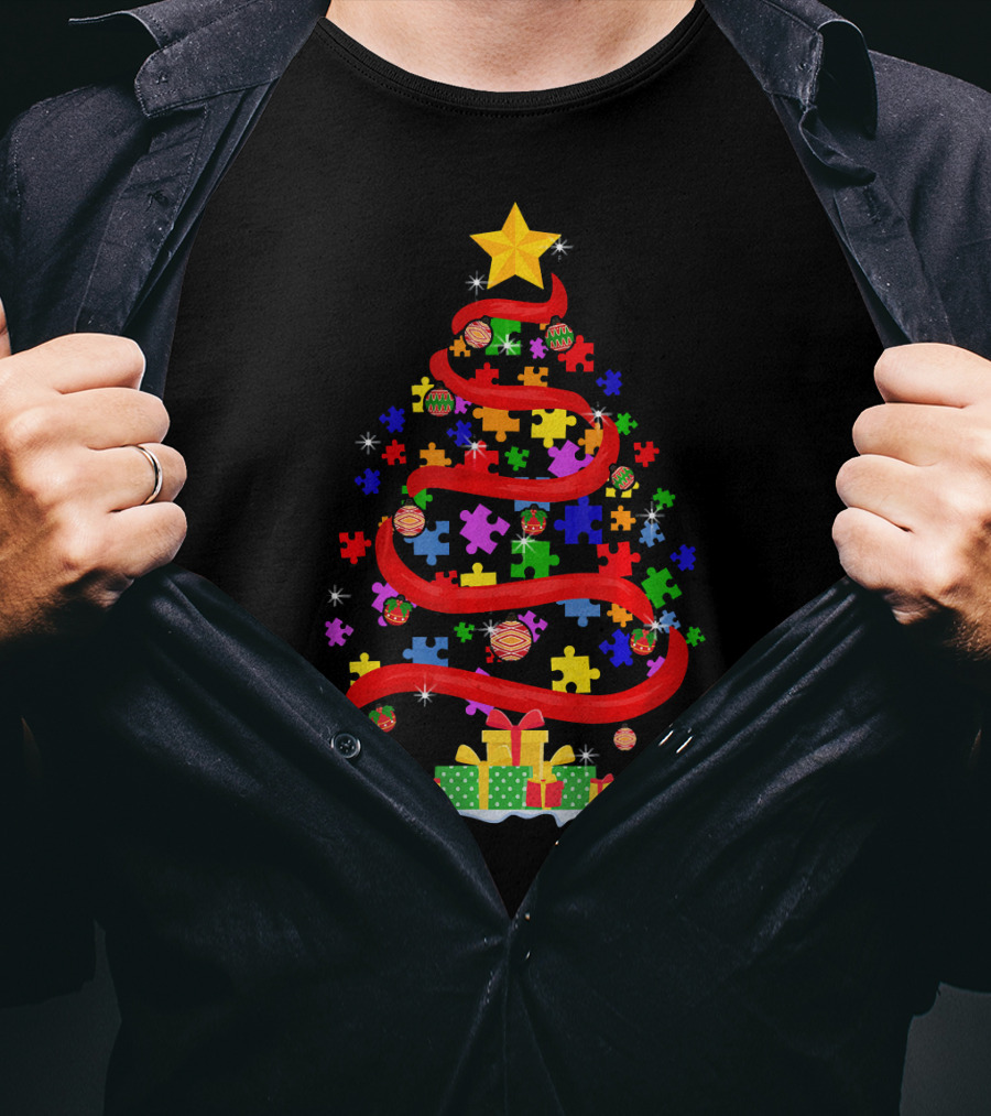 Xmas Puzzle Autism Christmas Tree With Star And Gifts T-Shirt