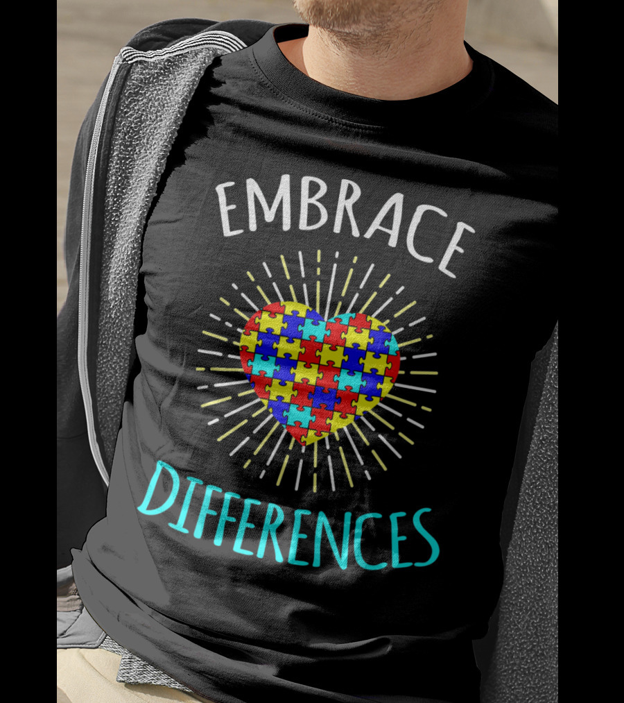 Embrace Differences Autism Awareness Puzzle Heart Rib T-Shirt