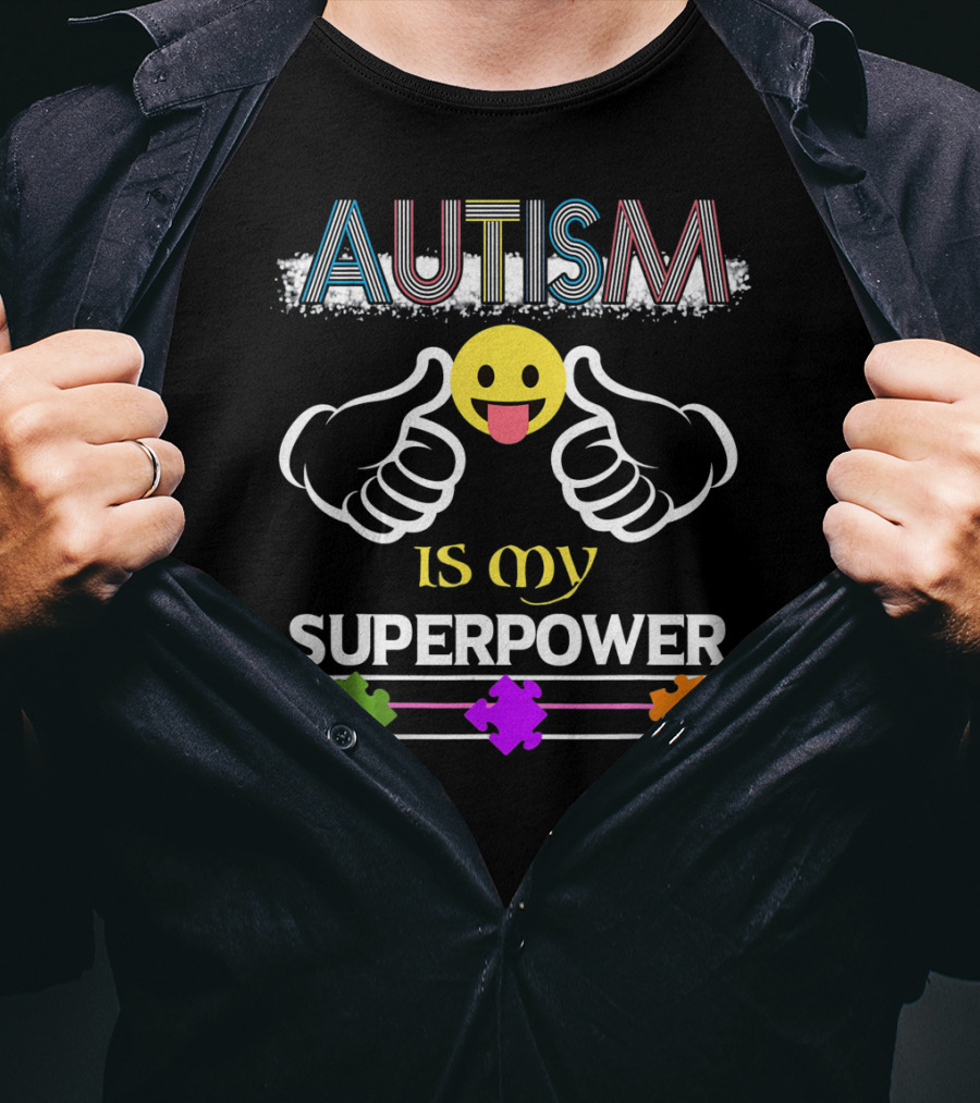 AUTISM Is My Superpower Thumbs Up Emoji Puzzle Pieces T-Shirt