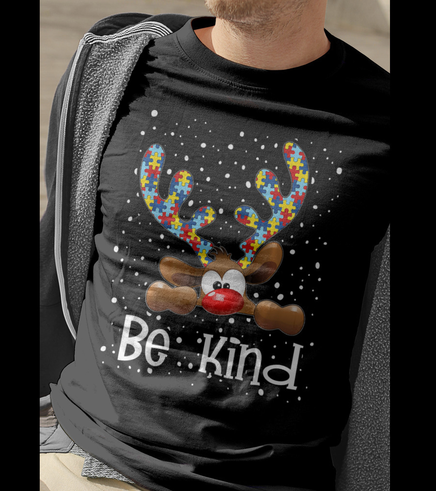 Be Kind Autism Awareness Reindeer With Puzzle Piece Antlers T-Shirt