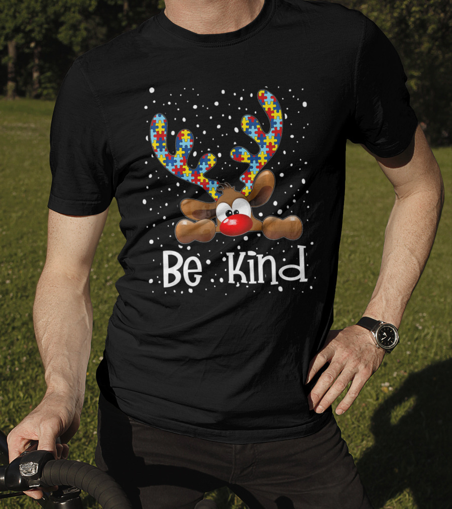 Be Kind Autism Awareness Reindeer With Puzzle Piece Antlers T-Shirt