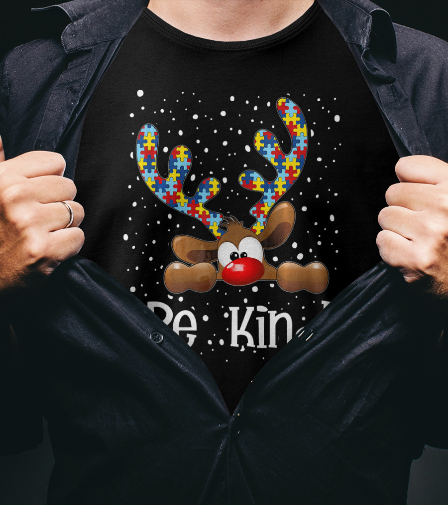 Be Kind Autism Awareness Reindeer With Puzzle Piece Antlers T-Shirt