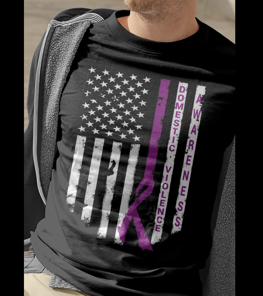 Domestic Violence Awareness Purple Ribbon American Flag T-Shirt