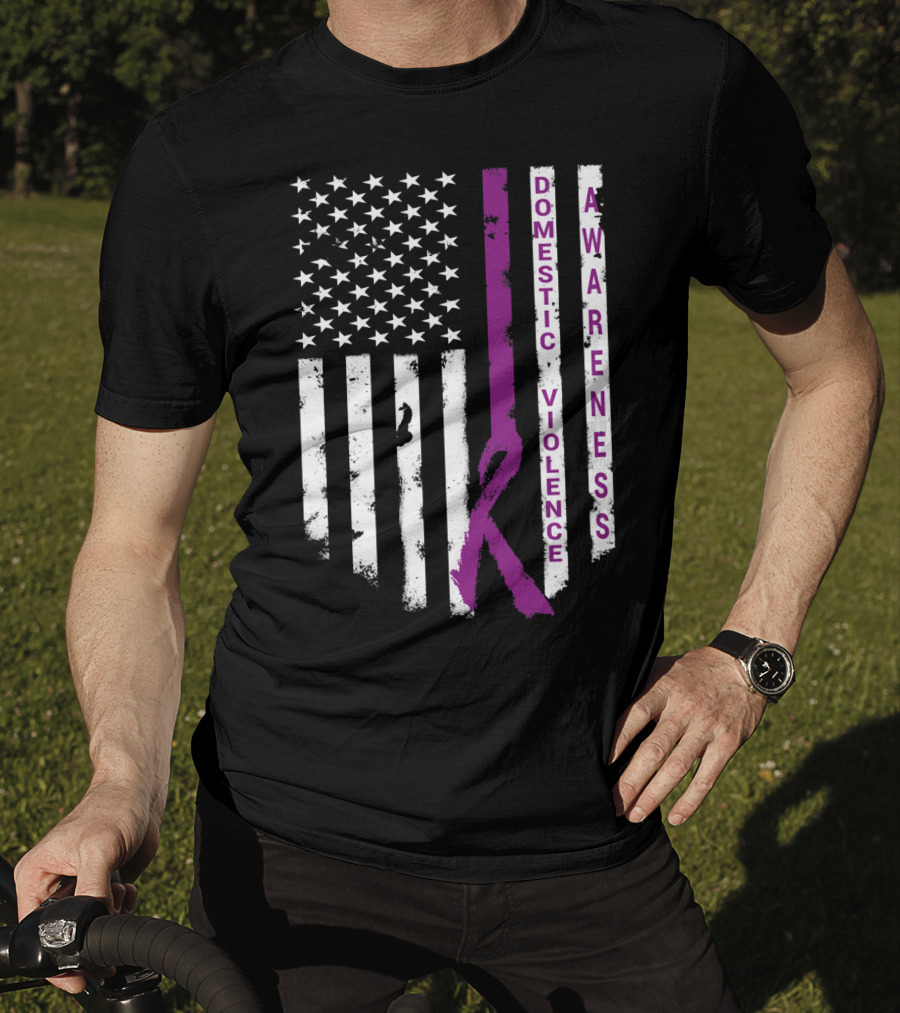 Domestic Violence Awareness Purple Ribbon American Flag T-Shirt