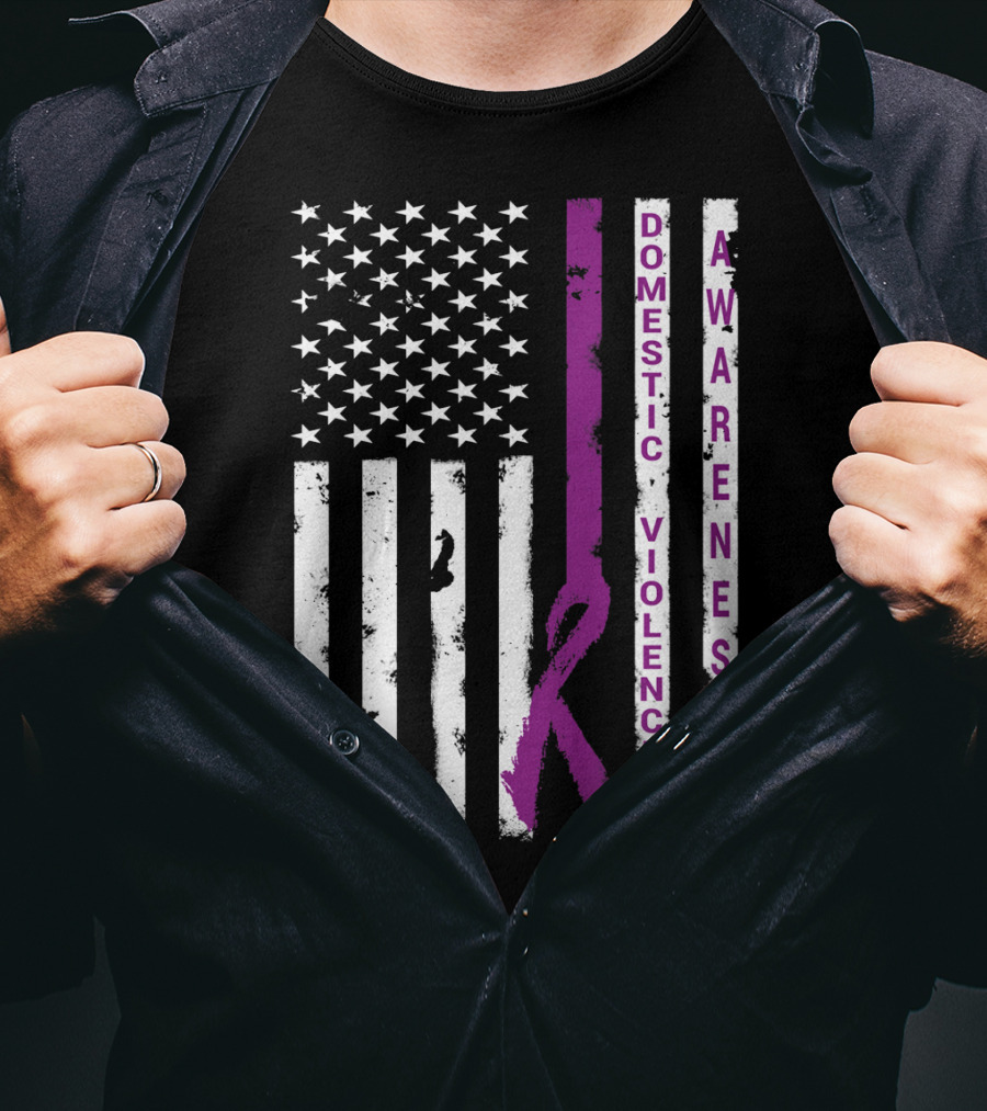 Domestic Violence Awareness Purple Ribbon American Flag T-Shirt