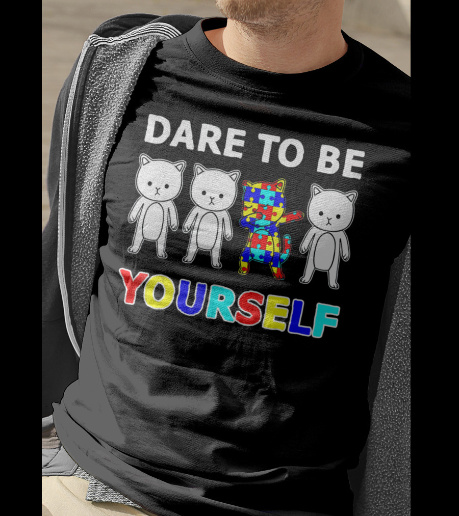 Dare To Be Yourself Cat Dabbing Autism Puzzle T-Shirt