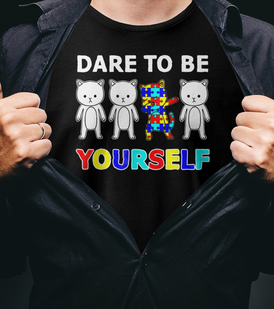 Dare To Be Yourself Cat Dabbing Autism Puzzle T-Shirt