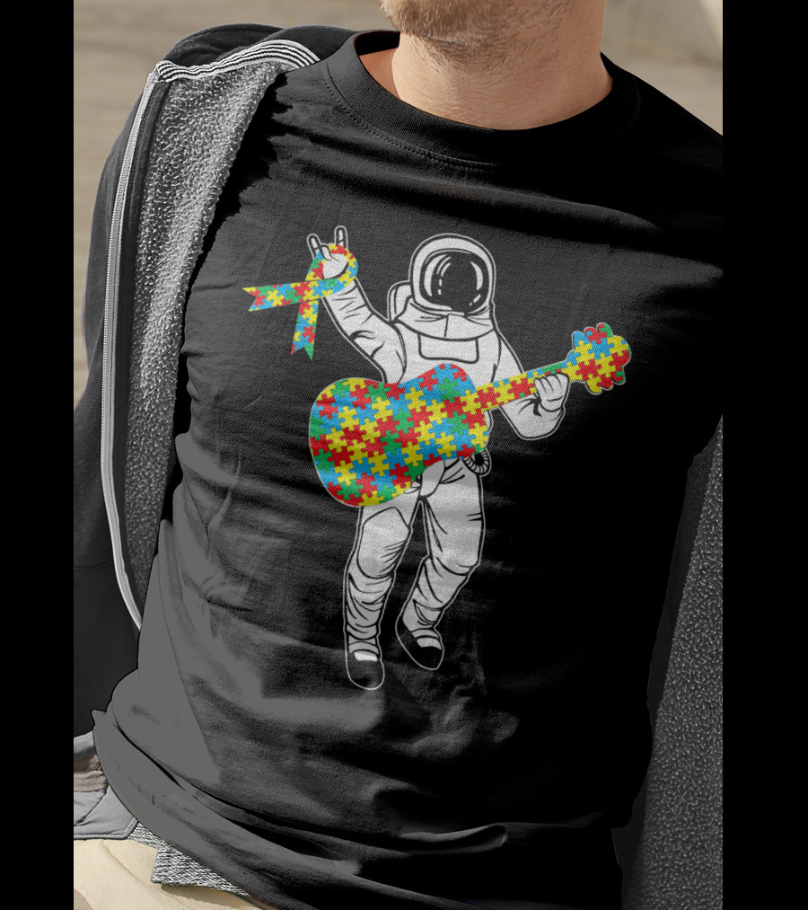 Astronaut Playing Guitar Autism Awareness Puzzle Ribbon Space T-Shirt