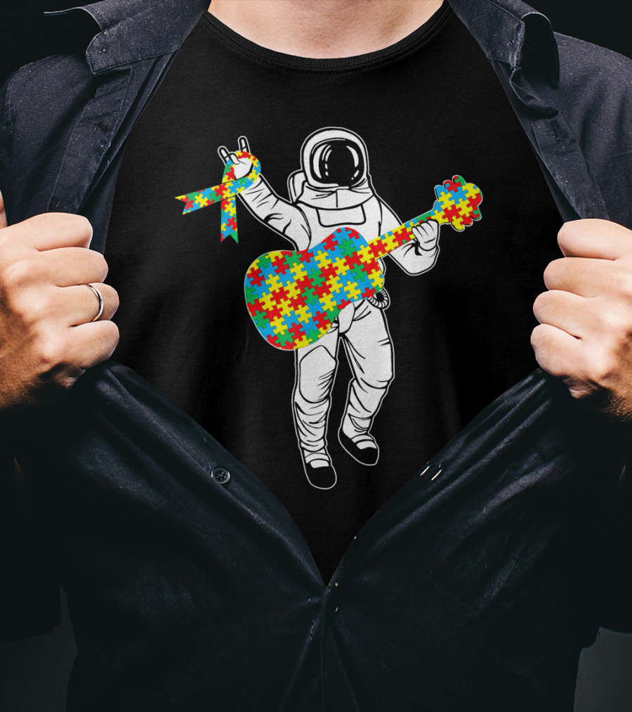 Astronaut Playing Guitar Autism Awareness Puzzle Ribbon Space T-Shirt