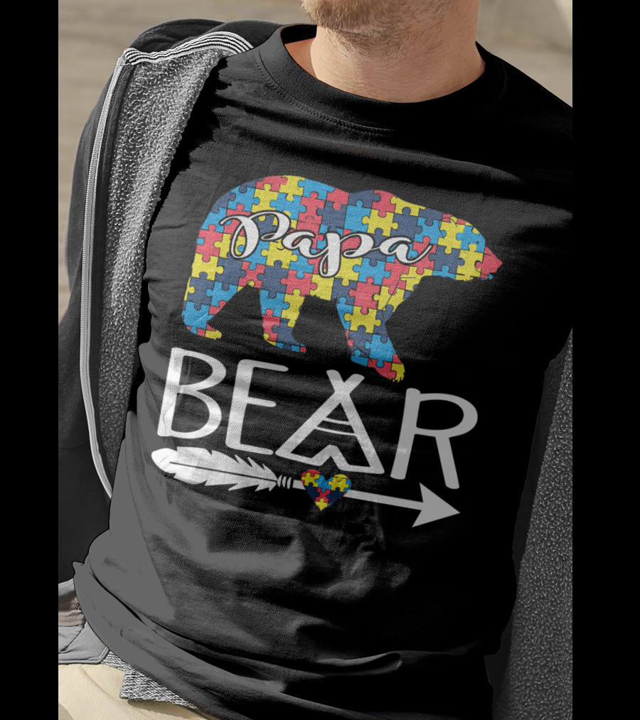 Papa Bear Puzzle Heart Autism Awareness T-Shirt