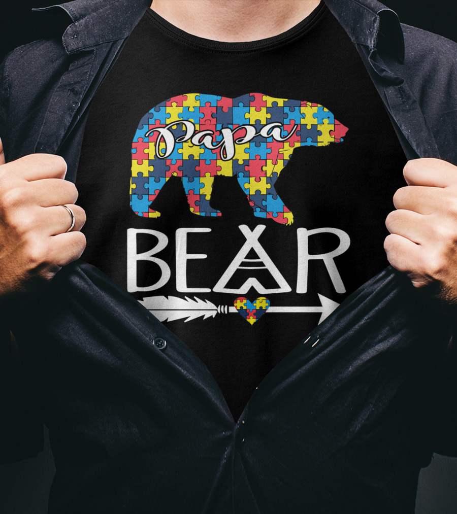 Papa Bear Puzzle Heart Autism Awareness T-Shirt