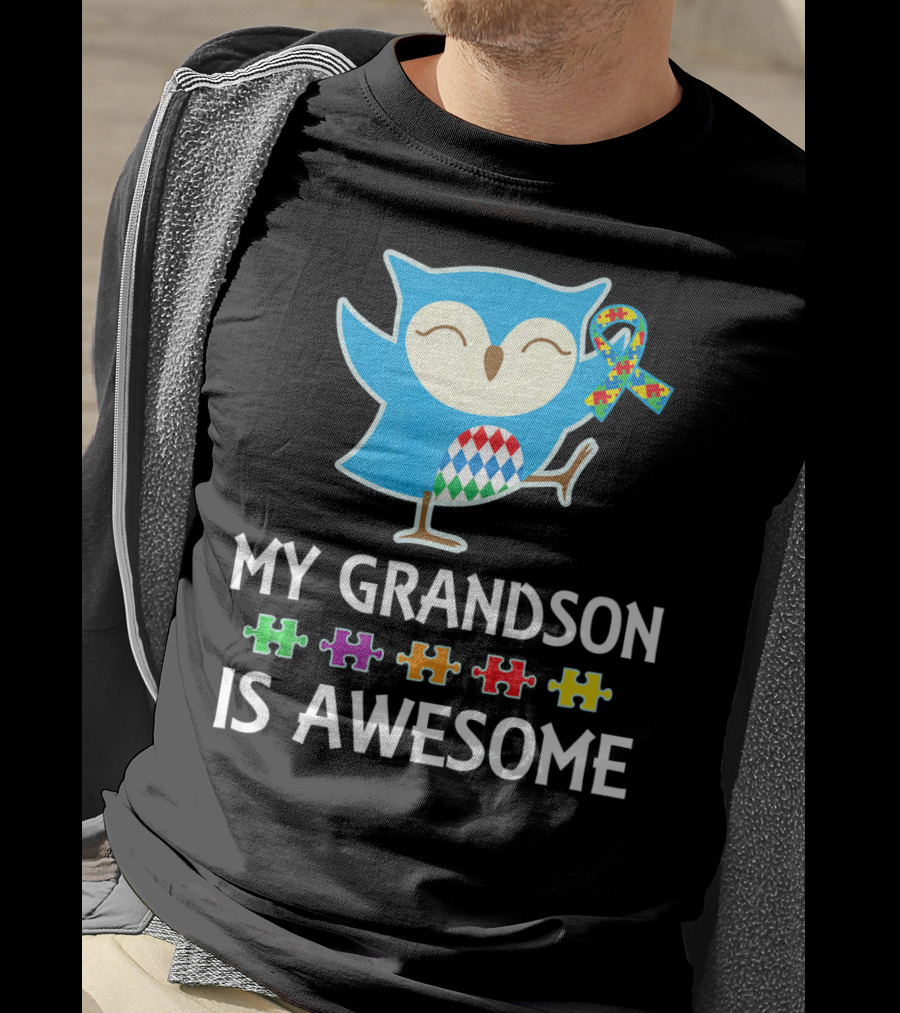 Autism Awareness My Grandson Is Awesome Owl Puzzle T-Shirt