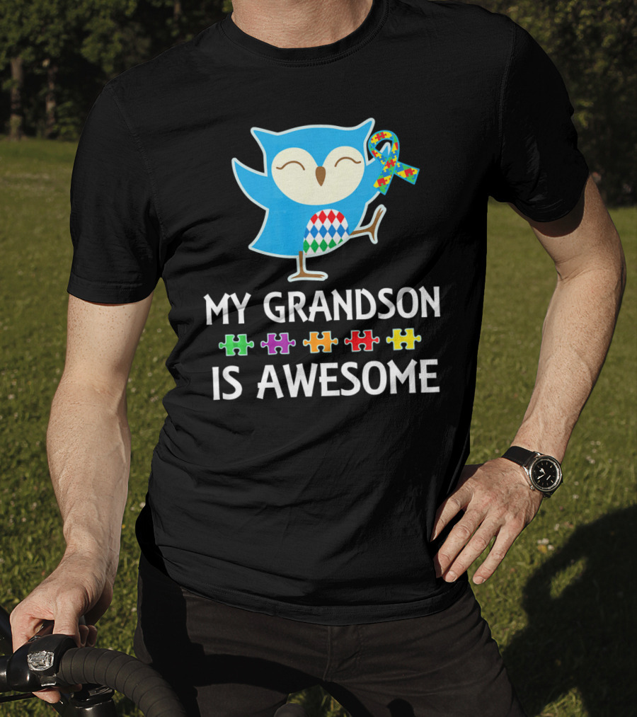 Autism Awareness My Grandson Is Awesome Owl Puzzle T-Shirt