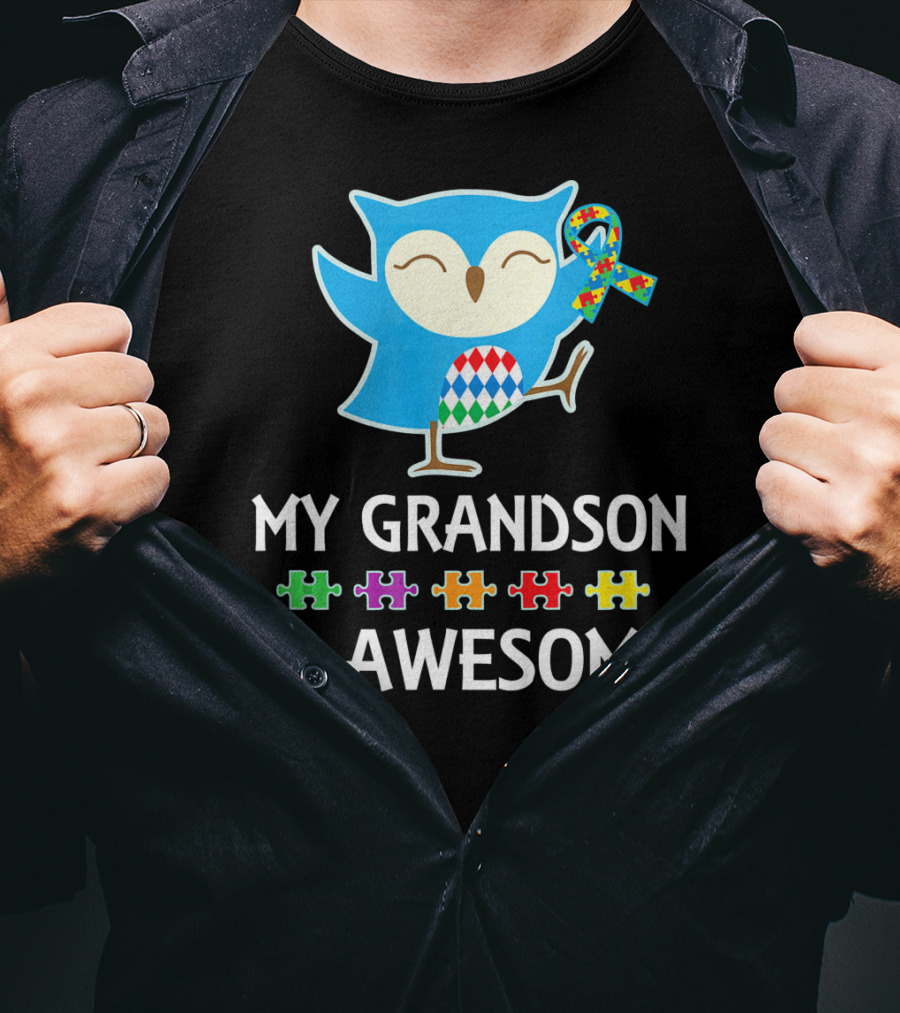 Autism Awareness My Grandson Is Awesome Owl Puzzle T-Shirt