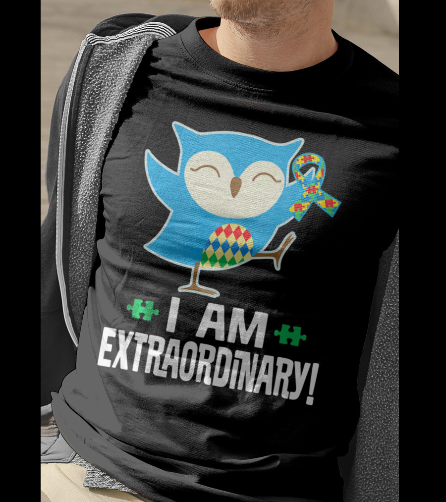 I Am Extraordinary Autism Awareness Autistic Spectrum Disor Puzzle Ribbon Owl T-Shirt