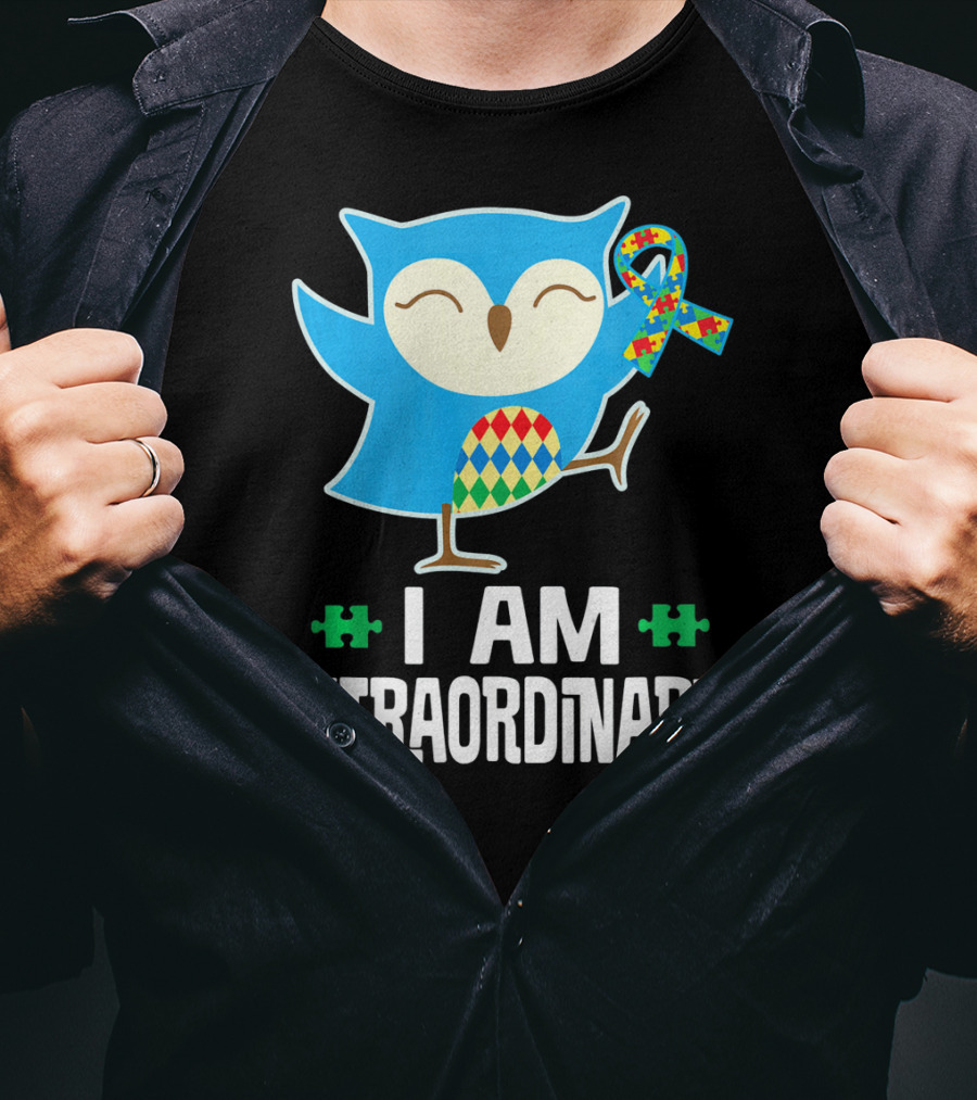 I Am Extraordinary Autism Awareness Autistic Spectrum Disor Puzzle Ribbon Owl T-Shirt