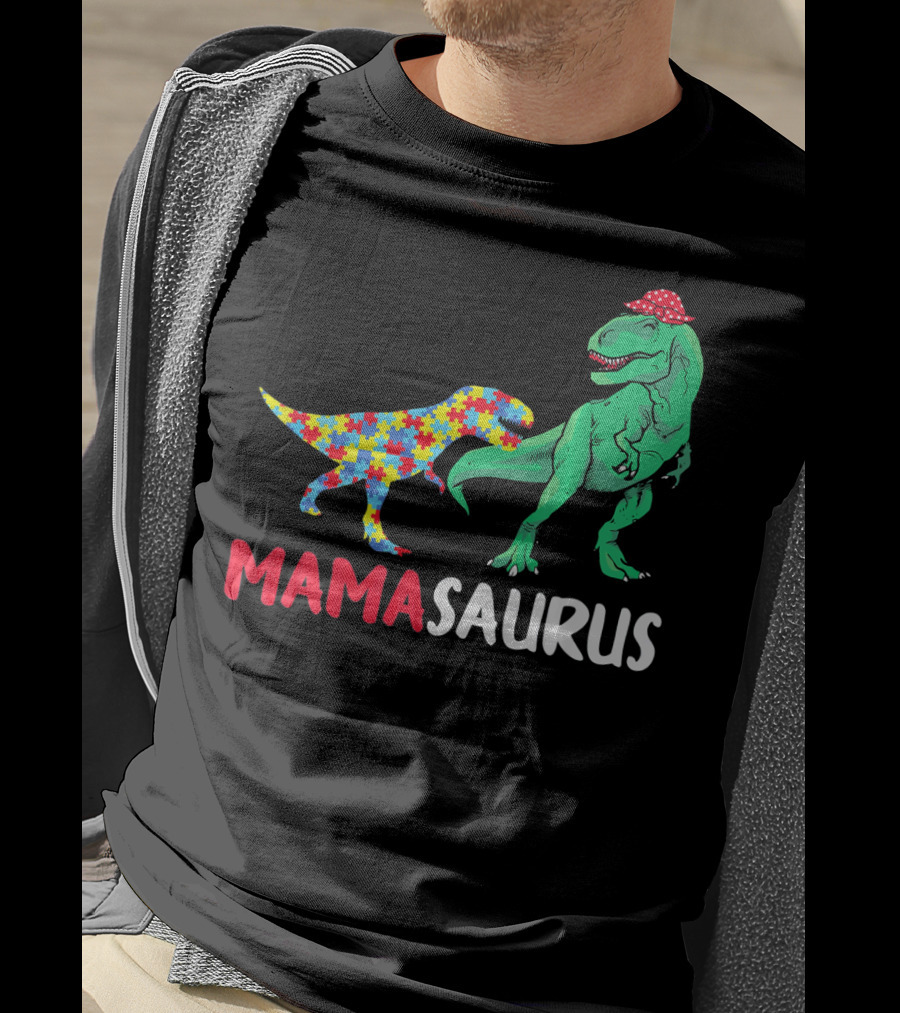 Mamasaurus Mama Dinosaur Puzzle Pattern Autism Awareness T-Shirt
