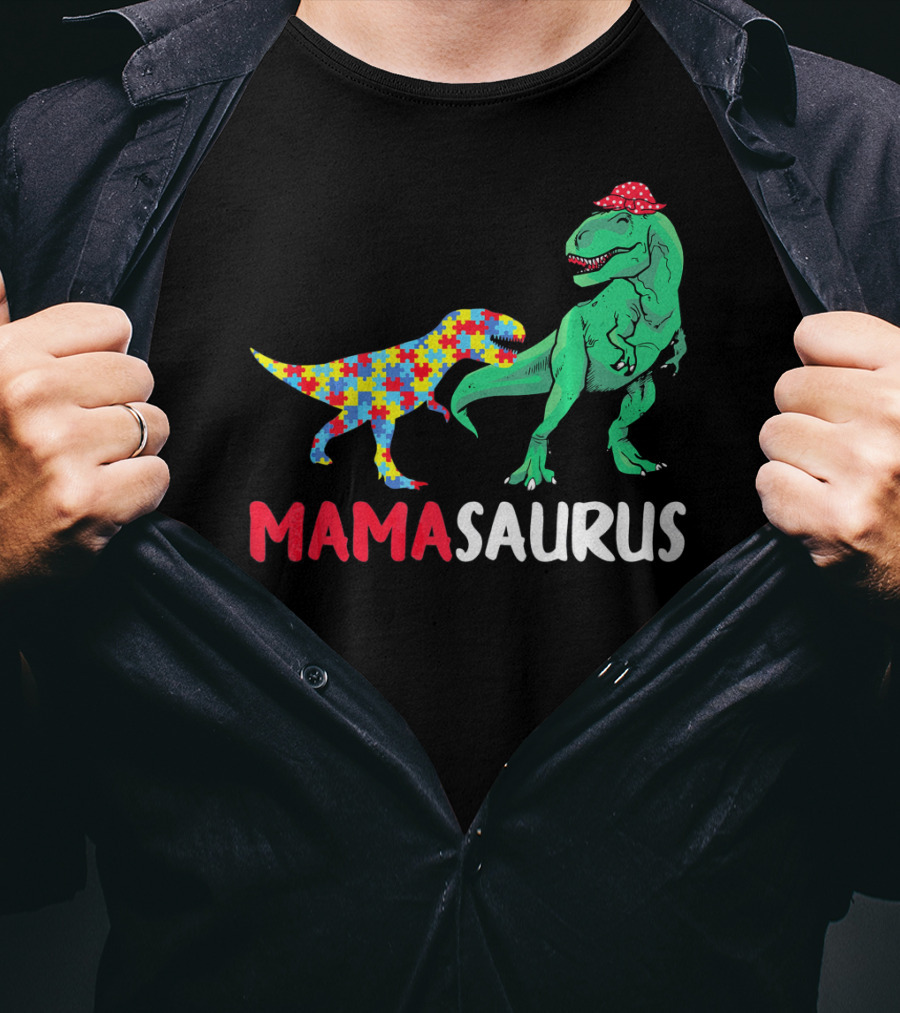 Mamasaurus Mama Dinosaur Puzzle Pattern Autism Awareness T-Shirt
