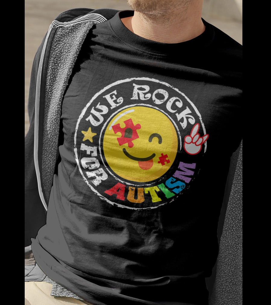 We Rock For Autism Puzzle Face Emoji With Hand Sign T-Shirt