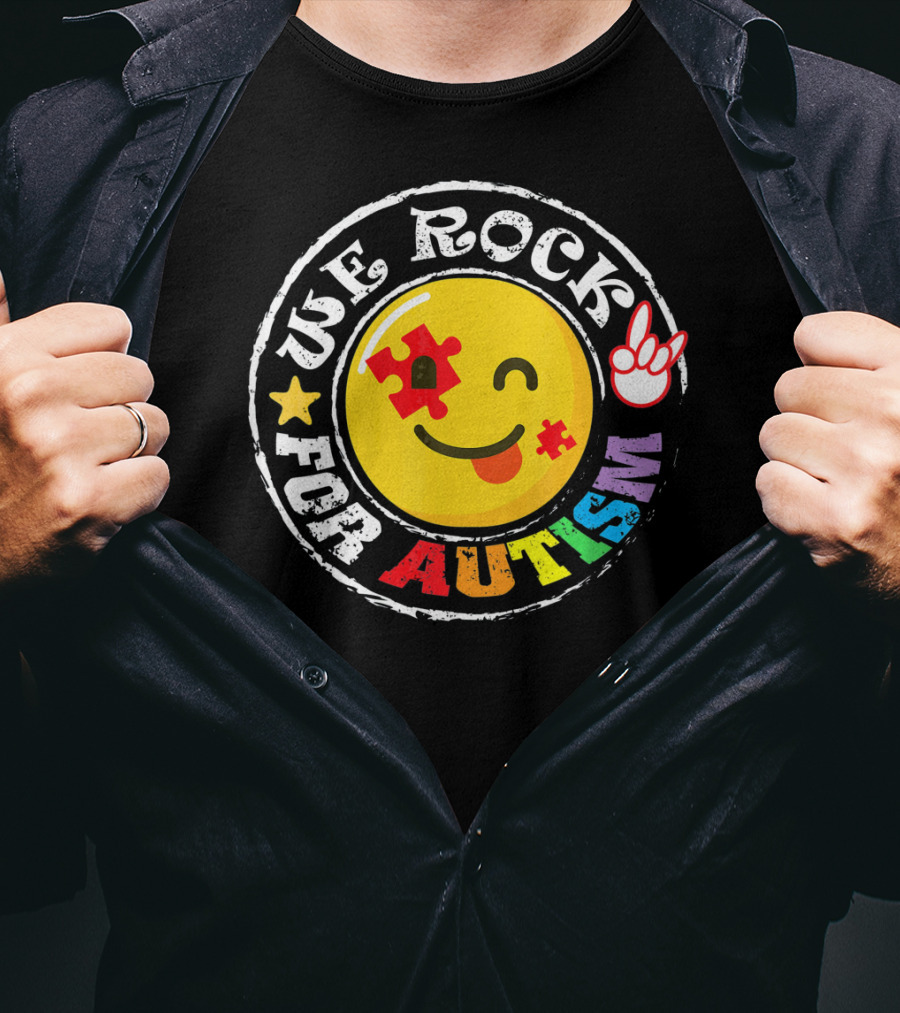 We Rock For Autism Puzzle Face Emoji With Hand Sign T-Shirt