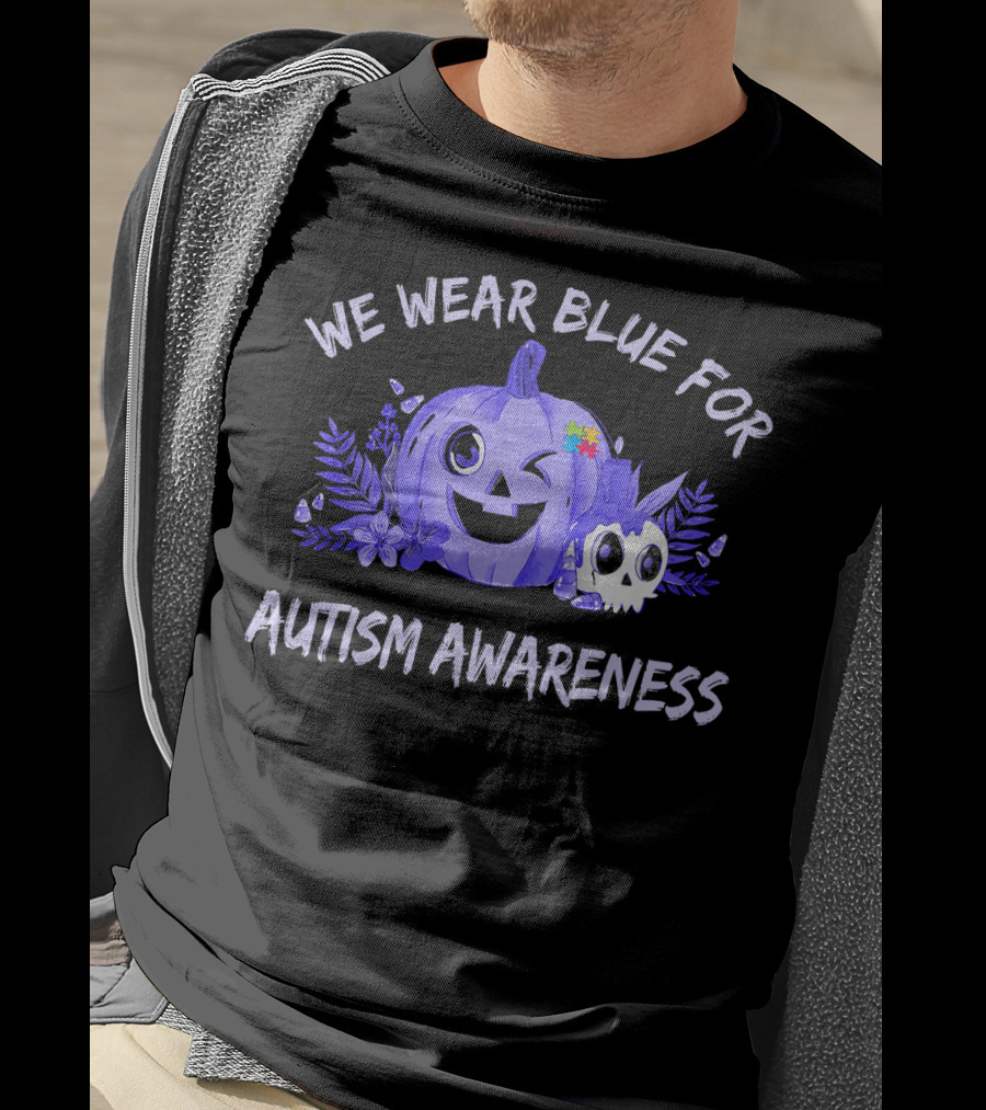 We Wear Blue For Autism Awareness Pumpkin Winking Face T-Shirt