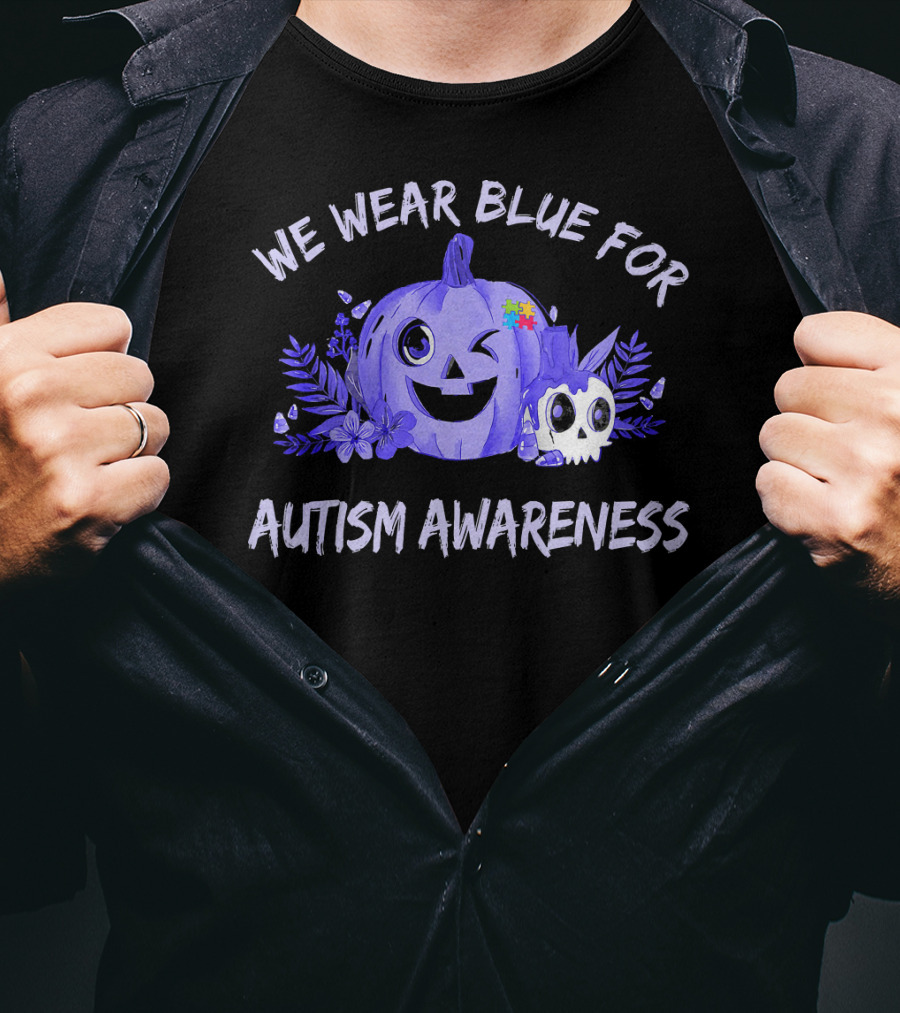 We Wear Blue For Autism Awareness Pumpkin Winking Face T-Shirt