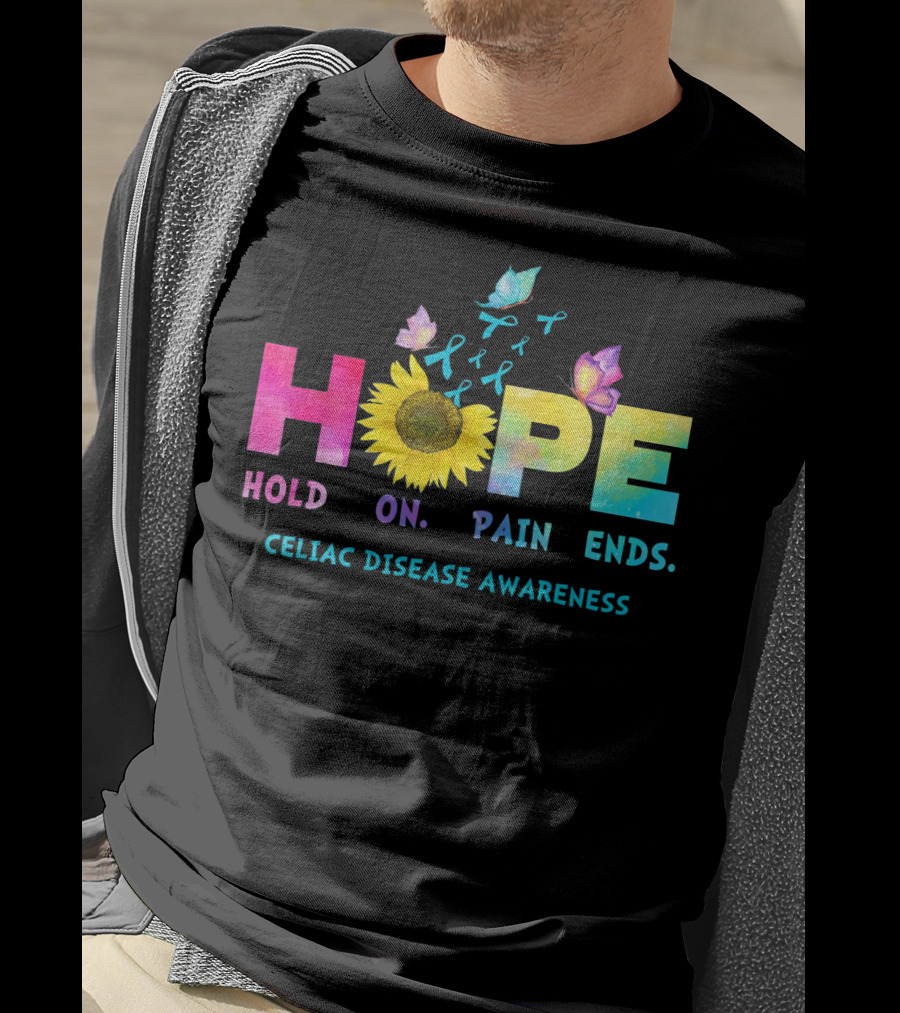 HOPE Hold On Pain Ends Celiac Disease Awareness Ribbon Sunflower Butterfly T-Shirt