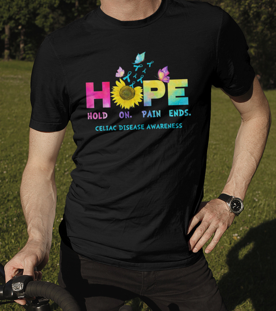 HOPE Hold On Pain Ends Celiac Disease Awareness Ribbon Sunflower Butterfly T-Shirt