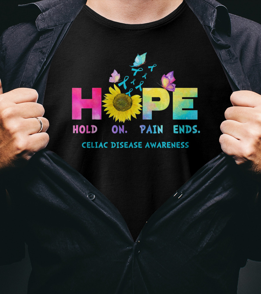 HOPE Hold On Pain Ends Celiac Disease Awareness Ribbon Sunflower Butterfly T-Shirt