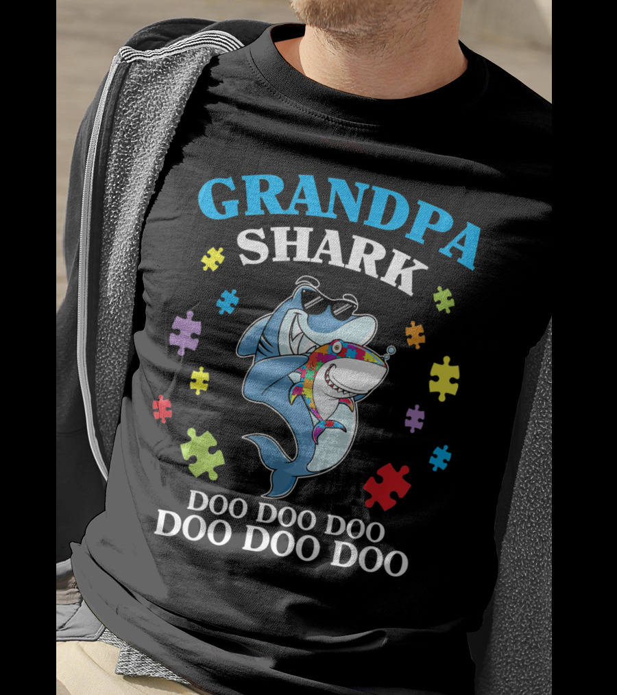 Grandpa Shark Doo Doo Doo Doo Funny Autism Puzzle Pieces T-Shirt