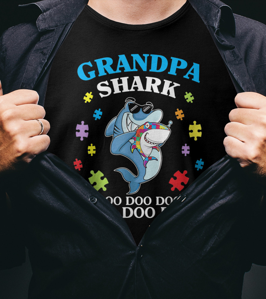Grandpa Shark Doo Doo Doo Doo Funny Autism Puzzle Pieces T-Shirt