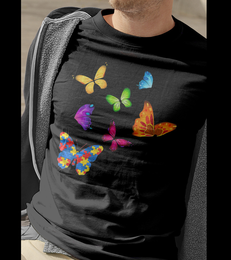 Autism Awareness Butterfly With Multicolored Puzzle T-Shirt