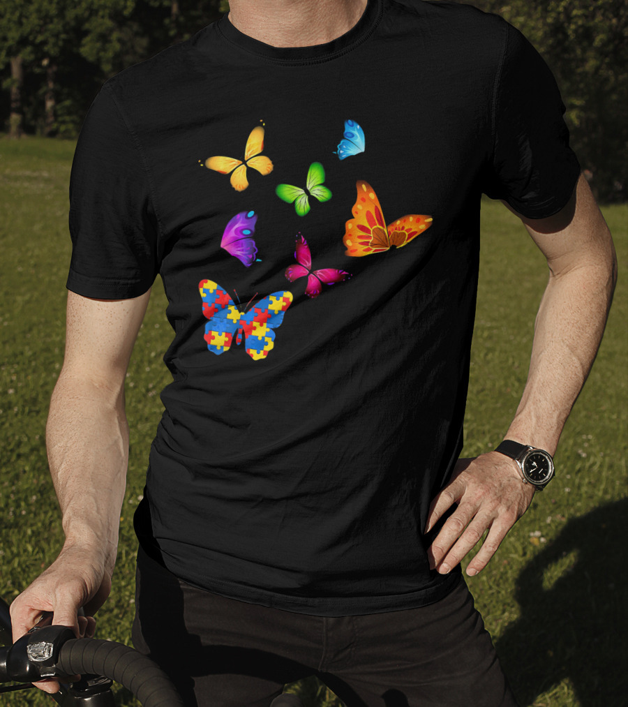 Autism Awareness Butterfly With Multicolored Puzzle T-Shirt