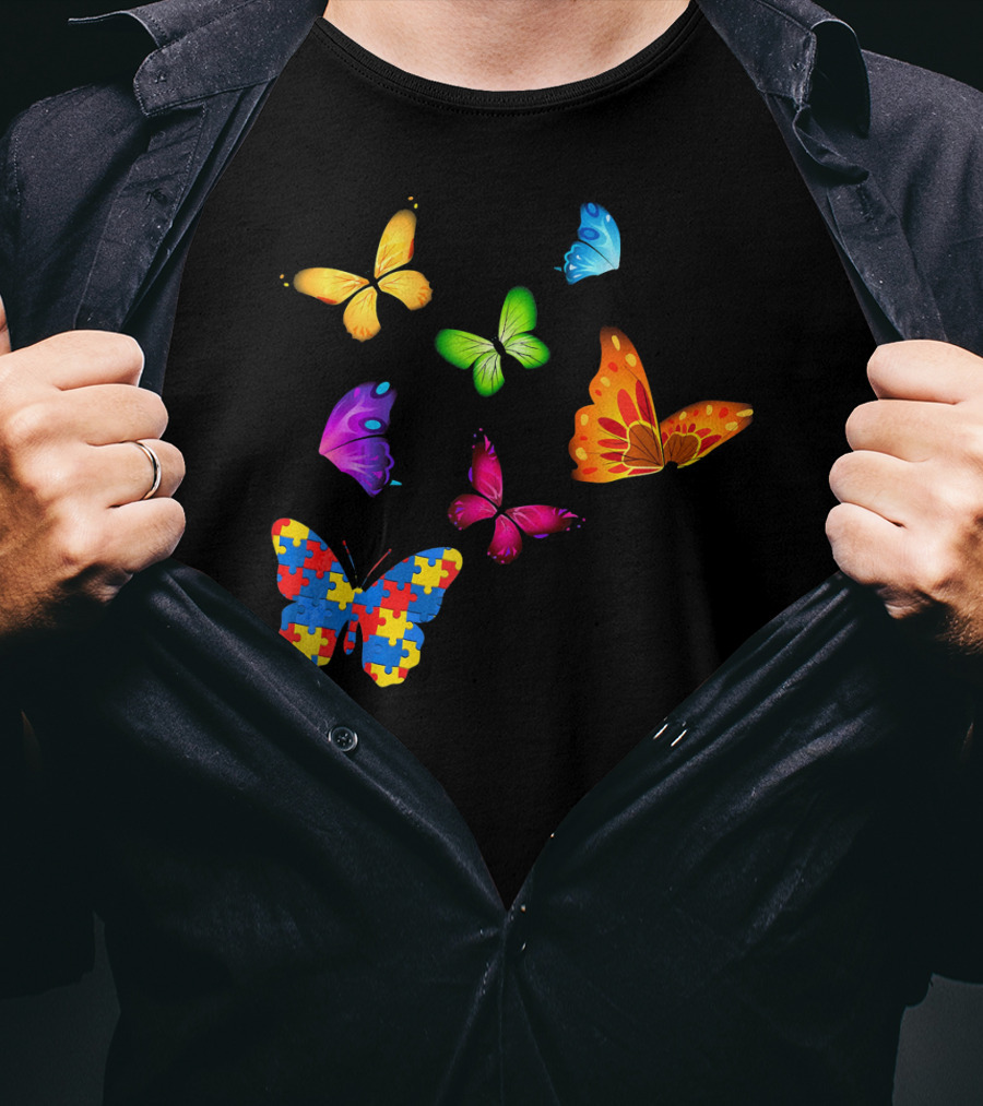 Autism Awareness Butterfly With Multicolored Puzzle T-Shirt